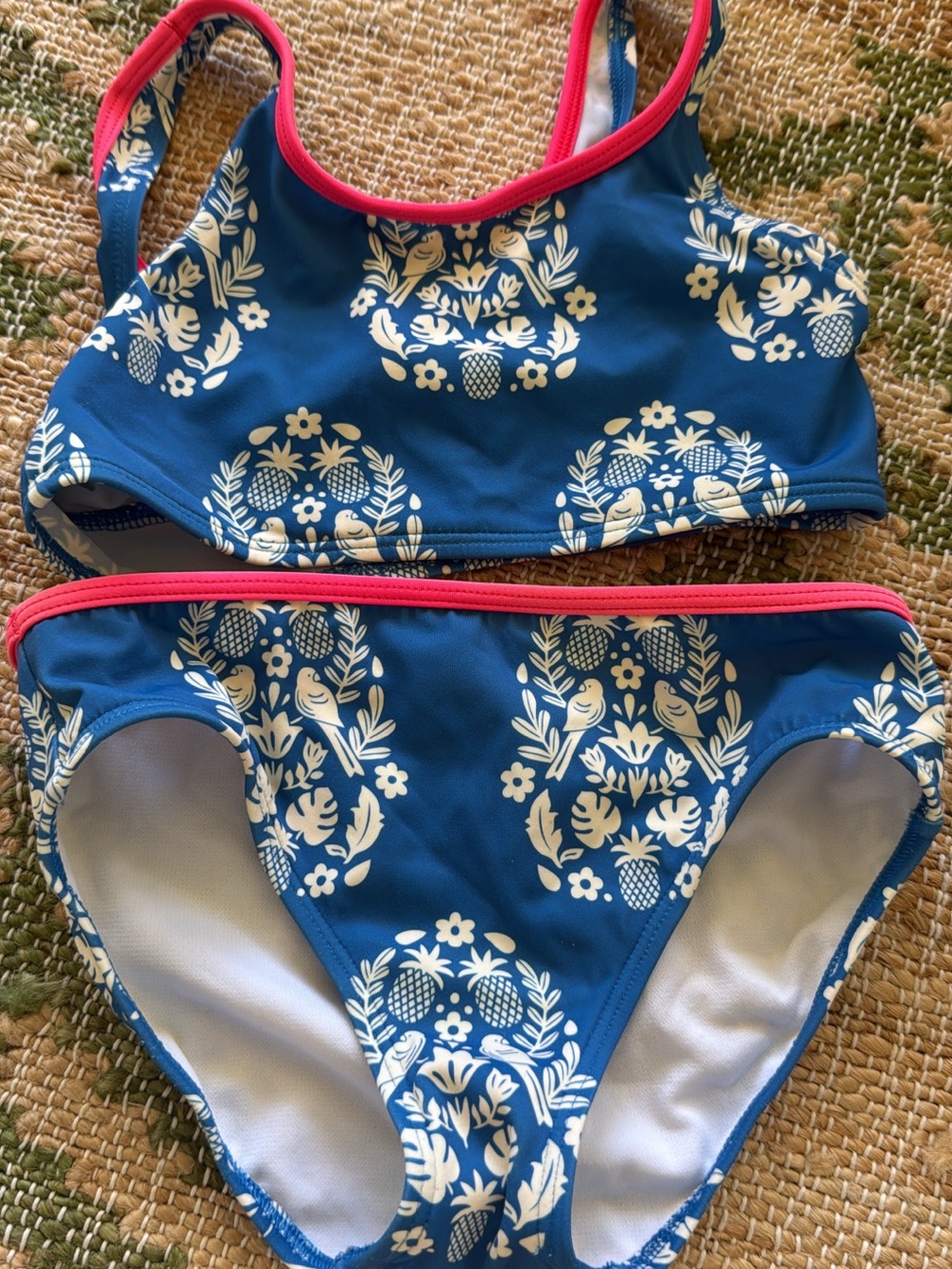 Mini Boden Blue Floral Two-Piece Swim Set with Pink Trim